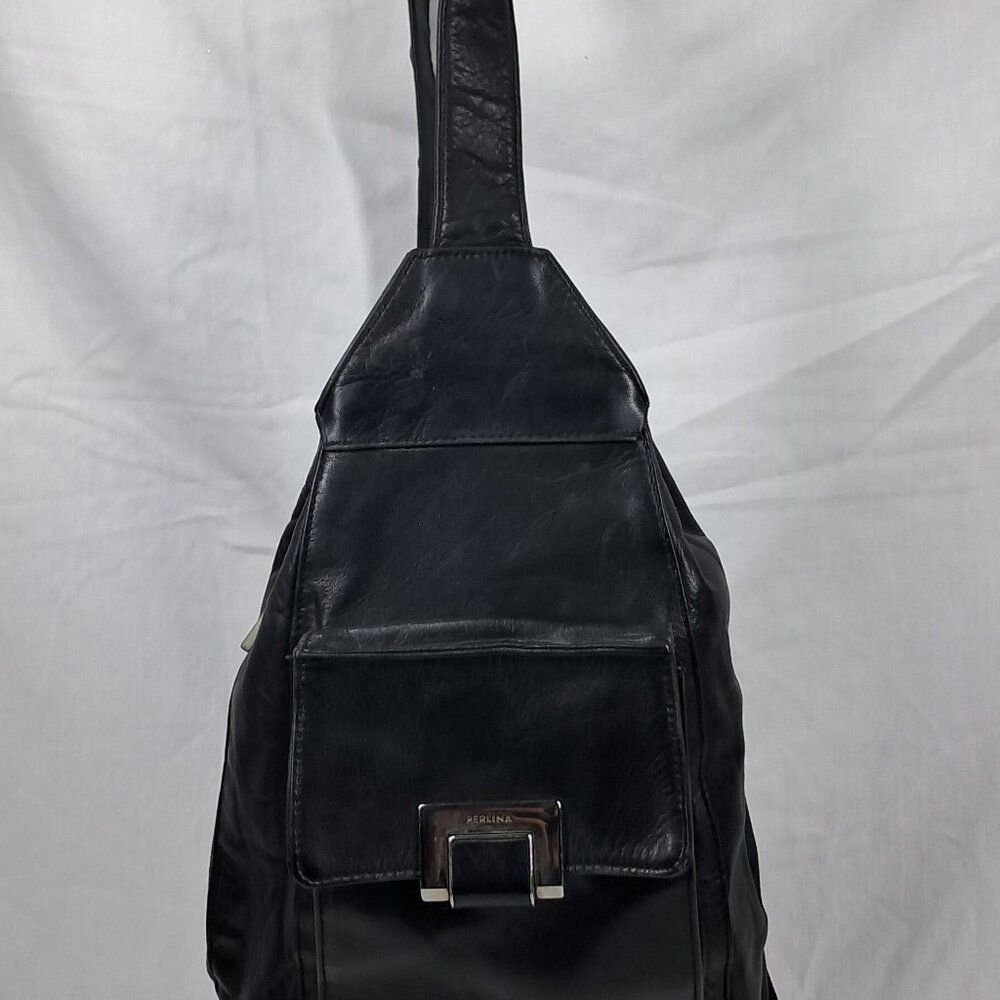 Vtg Perlina NY Black Soft Leather 1 Shoulder Strap Backpack Purse Zipper Bottom